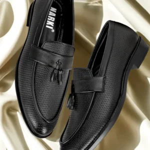 Men's Black Textured Leather Tassel Loafers – For Man ( Black-10 )