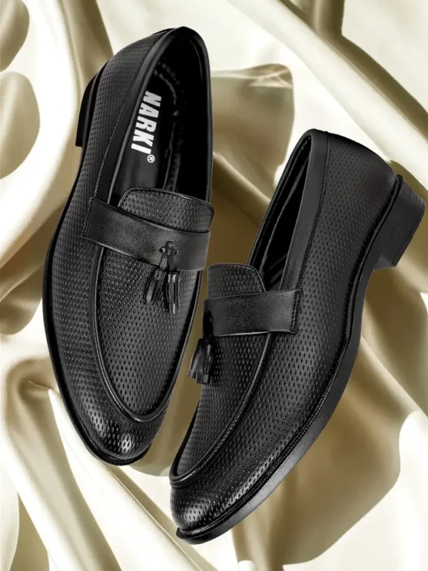 Men's Black Textured Leather Tassel Loafers – For Man ( Black-10 )