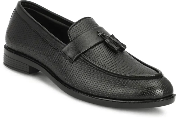 Men's Black Textured Leather Tassel Loafers – For Man ( Black-10 ) - Image 4